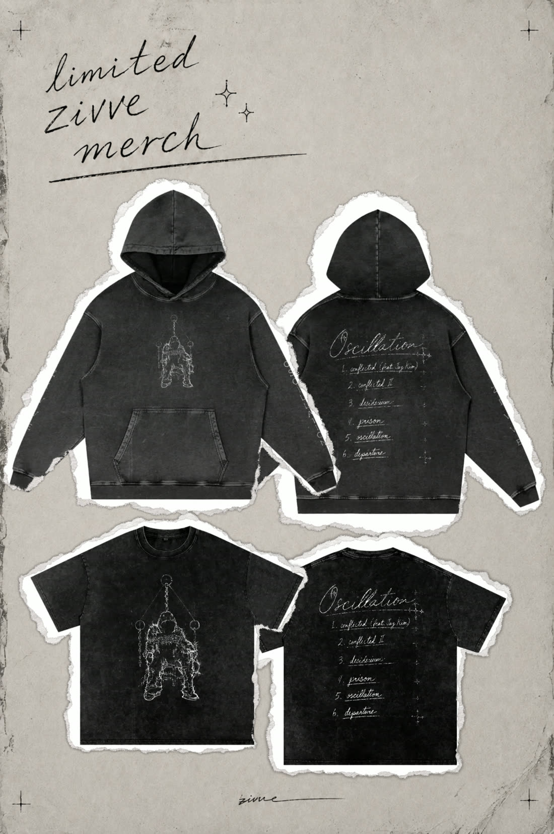 Limited Zivve merch: Oscillation hoodie and t-shirt, front and back